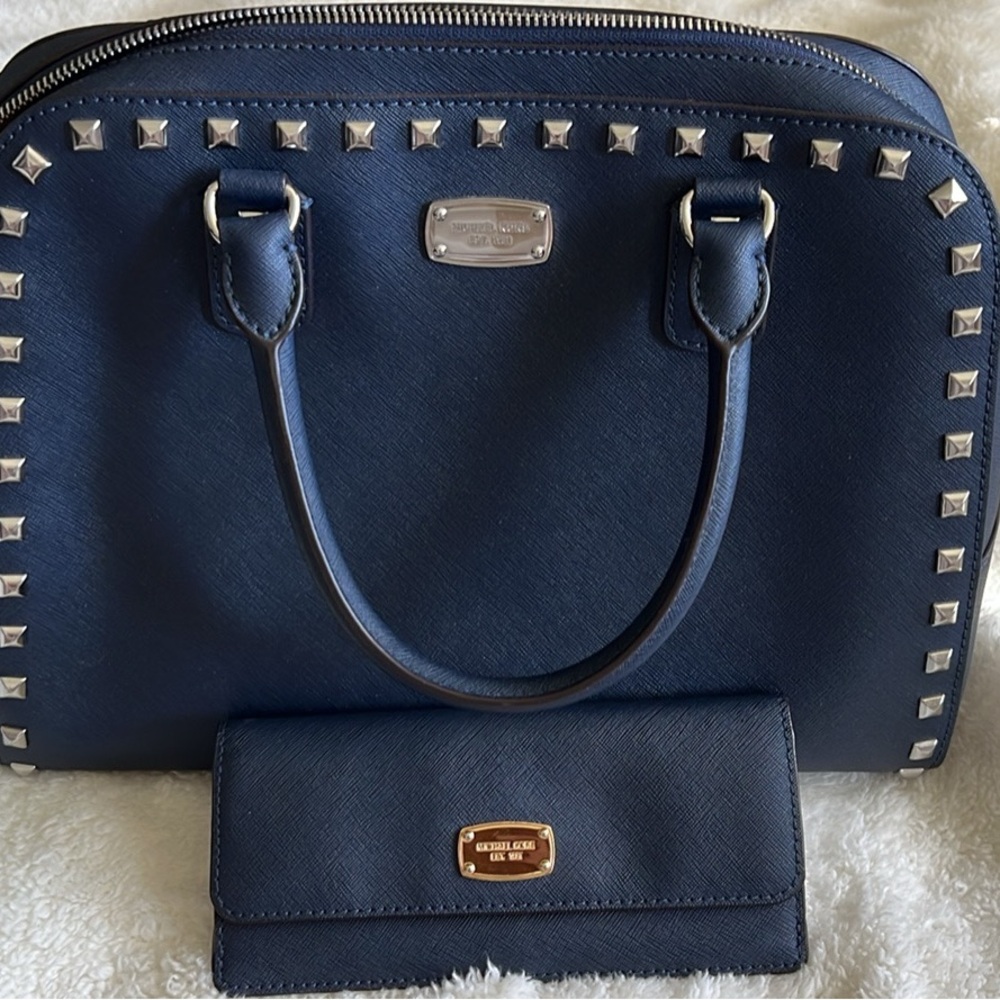 Studded Navy Blue Handbag and Wallet Set